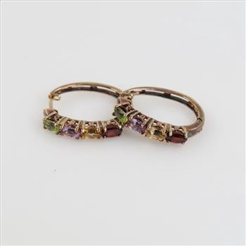 .800 Silver And GP Multicolored Stone Hoop Earrings