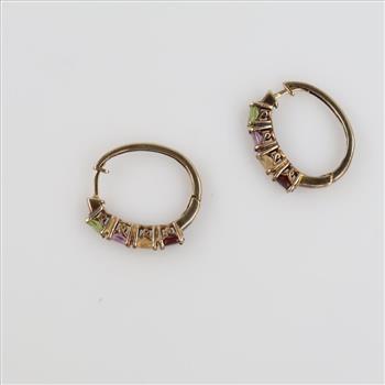 .800 Silver And GP Multicolored Stone Hoop Earrings
