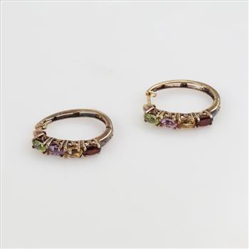 .800 Silver And GP Multicolored Stone Hoop Earrings