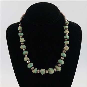 .800 Silver Pearl Beads And Turquoise Necklace