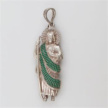 .800-.900 Silver Clear And Green Stone Religious Pendant