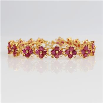 8.16ctTW Natural Ruby 18kt Gold Flower Link Bracelet-Evaluated By Our Certified Gemologist-GIA