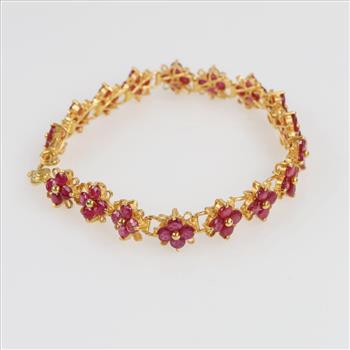 8.16ctTW Natural Ruby 18kt Gold Flower Link Bracelet-Evaluated By Our Certified Gemologist-GIA