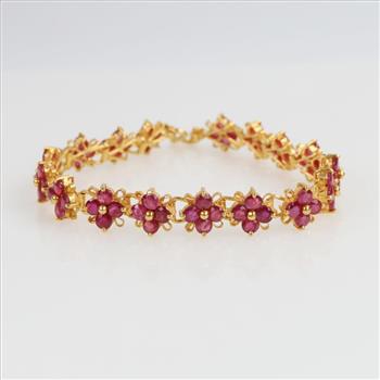 8.16ctTW Natural Ruby 18kt Gold Flower Link Bracelet-Evaluated By Our Certified Gemologist-GIA