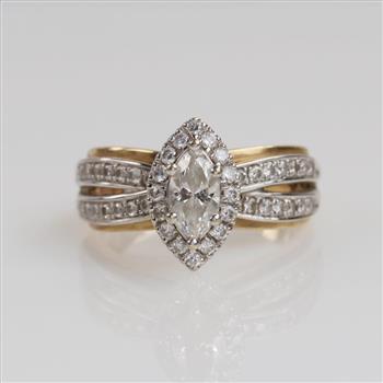 .81ctTW Diamond 14kt Two Tone Gold Split Shank Halo Ring -Evaluated By Certified Gemologist-AGS/GIA