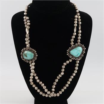 .900 Silver Pearls And Turquoise Necklace