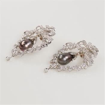 .92ctTW Diamond Pearl 14kt White Gold Wreath Drop Earrings-Evaluated By Certified Gemologist-AGS/GIA