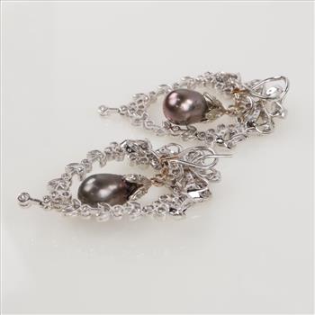 .92ctTW Diamond Pearl 14kt White Gold Wreath Drop Earrings-Evaluated By Certified Gemologist-AGS/GIA