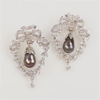 .92ctTW Diamond Pearl 14kt White Gold Wreath Drop Earrings-Evaluated By Certified Gemologist-AGS/GIA
