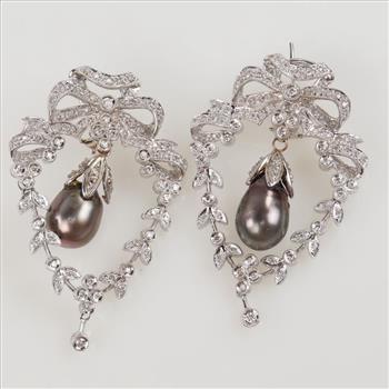 .92ctTW Diamond Pearl 14kt White Gold Wreath Drop Earrings-Evaluated By Certified Gemologist-AGS/GIA