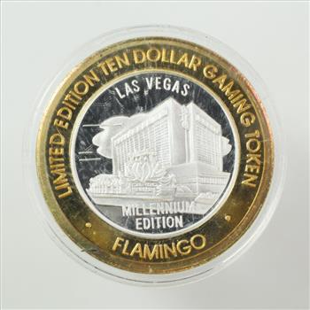 .999 Silver And Brass Flamingo Ten Dollar Gaming Token