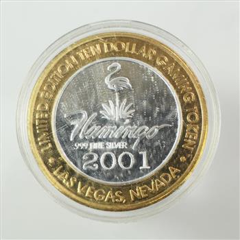 .999 Silver And Brass Flamingo Ten Dollar Gaming Token
