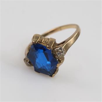 9kt Gold Diamond And Blue Stone Ring