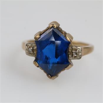 9kt Gold Diamond And Blue Stone Ring
