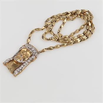 9kt Gold Hollow Link Necklace 3.06ctTW CZ Pendant-Evaluated By Certified Gemologist-AGS/GIA