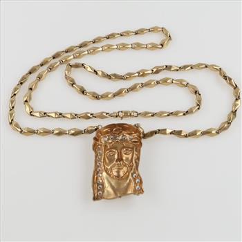 9kt Gold Hollow Link Necklace 3.06ctTW CZ Pendant-Evaluated By Certified Gemologist-AGS/GIA