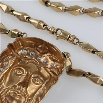 9kt Gold Hollow Link Necklace 3.06ctTW CZ Pendant-Evaluated By Certified Gemologist-AGS/GIA
