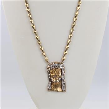 9kt Gold Hollow Link Necklace 3.06ctTW CZ Pendant-Evaluated By Certified Gemologist-AGS/GIA