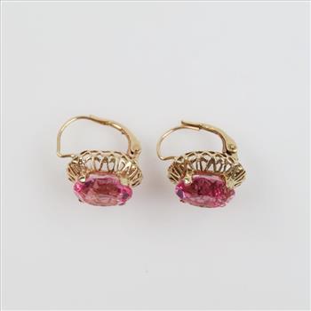 9kt Gold Pink Stone Hollow Filigree Dangle Earrings