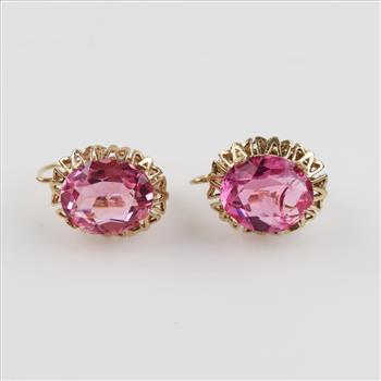 9kt Gold Pink Stone Hollow Filigree Dangle Earrings