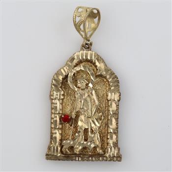 9kt Gold Red Stone Accent Semi-Hollow Religious Pendant