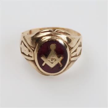 9kt Gold Red Stone Freemasonry Signet Ring
