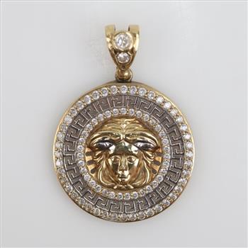 9kt Two Tone Gold Clear Stone Medusa Head Circle Pendant