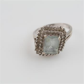9kt White Gold Blue Stone Diamond Accent Ring