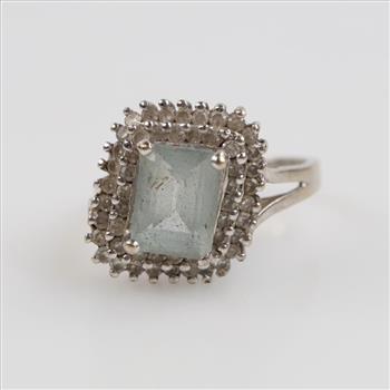 9kt White Gold Blue Stone Diamond Accent Ring
