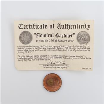 Admiral Gardner Shipwreck Coin W/ COA