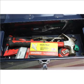 American Flag Tool Box with Sheffield Hammer, Wal-board Joint Knife+more Bulk Lot 10+ Pieces