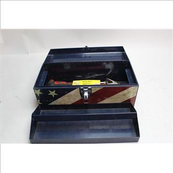 American Flag Tool Box with Sheffield Hammer, Wal-board Joint Knife+more Bulk Lot 10+ Pieces