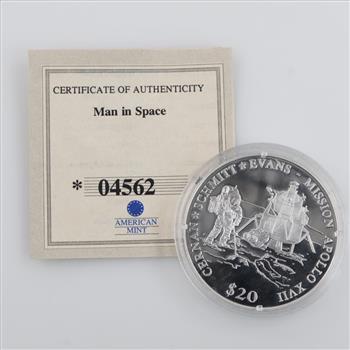 American Mint, Mission Apollo XVII $20, Man In Space, Proof Token W ...