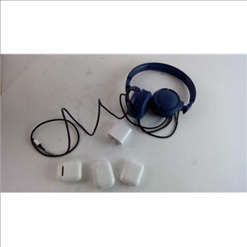 Apple Airpods, JBL Headphones, And Apple Charger, 5 Pieces