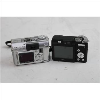 Audiovox VHS Player, Nikon Coolpix P50, Sony Cyber-Shot Digital Cameras, 3 Pieces