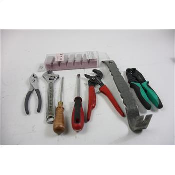 Bag Of Assorted Tools That Include Bolt Cuutters, Crowbar, Sander, And More, 10+ Pieces