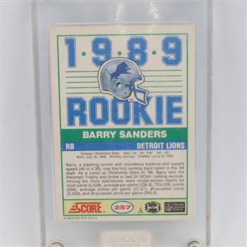 Barry Sanders #257 Rookie 1989 Panini Score Football Card, In Plastic Case