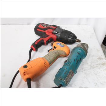 Bauer 1/2" Impact Wrench, Chicago 3/8" Close Quarter Drill, Makita Angle Drill, 3 Pieces