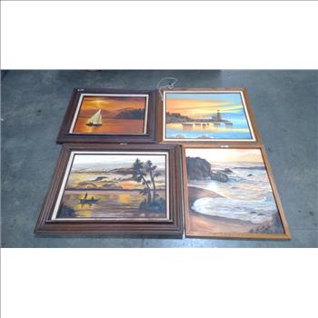 Beach, Shoreline Scenes Framed Paintings Lot, 4 Pieces