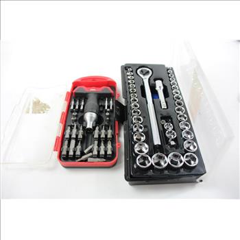 Black & Decker Drill/driver, Allied Mechanics Socket Set, Skil Socket Set And Estwing Pick Axe, 4 Pieces