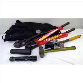 Black Duffle Bag W/Misc Tools, Flashlight, Binoculars,  Cutters