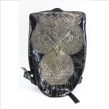 Black Leather-Style Backpack With Large Owl Design