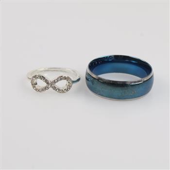 Blue Stainless Steel Band And Grey Metal Infinity Ring, 2 Pieces
