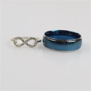 Blue Stainless Steel Band And Grey Metal Infinity Ring, 2 Pieces