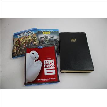 Bluetooth Card Reader, Radio Scanner, Blu-Ray Movies, And Holy Bible, 5 Pieces