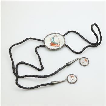 Bolo Tie Abalone Shell Mosaic Inlay Sterling Silver accent