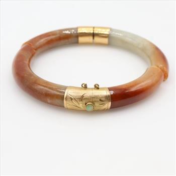 Brown Jadite 14kt Gold Accent Hinged Cuff