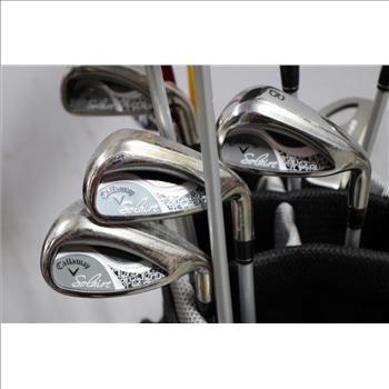 Callaway Golf Bag; 12 Pieces: Callaway FW Fairway Wood, 8 Iron, P-Putter, 6-Hybrid, 5-Hybrid, S-Sand, 7 Iron, 9 Iron, Sasquatch