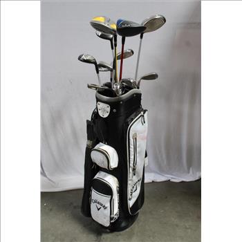 Callaway Golf Bag; 12 Pieces: Callaway FW Fairway Wood, 8 Iron, P-Putter, 6-Hybrid, 5-Hybrid, S-Sand, 7 Iron, 9 Iron, Sasquatch
