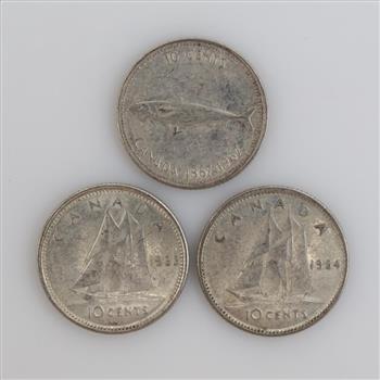 Canadian Silver 10 Cents, 3 Pieces